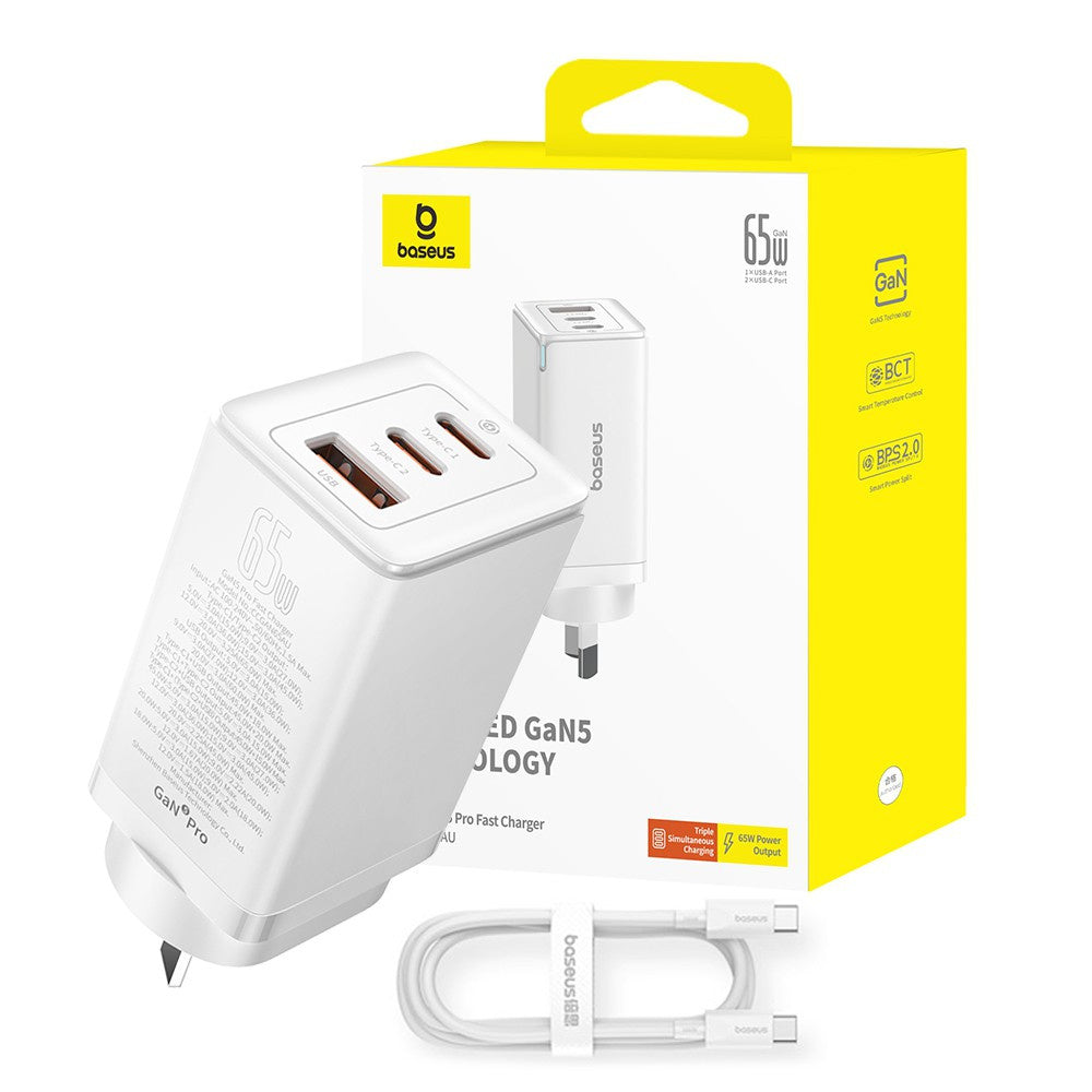 Baseus GaN5 Pro Fast Charger 65W (2xUSB-C, 1xUSB) + Type-C Cable - Moon White