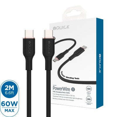iQuick PowerWire 1 Series TPE Charging Date Cable Type-C to Type-C 2m Compatible for iPhone 15 Series (Black)