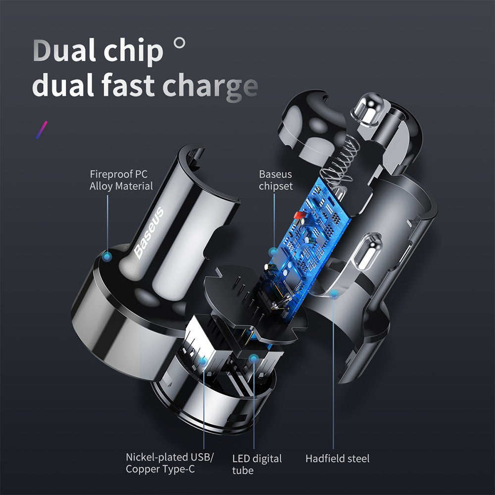 Baseus Car Charger USB A and Type C PPS Digital Display Intelligent Dual Quick Charging and Car Charging of 45W