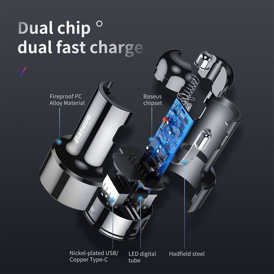 Baseus Car Charger USB A and Type C PPS Digital Display Intelligent Dual Quick Charging and Car Charging of 45W