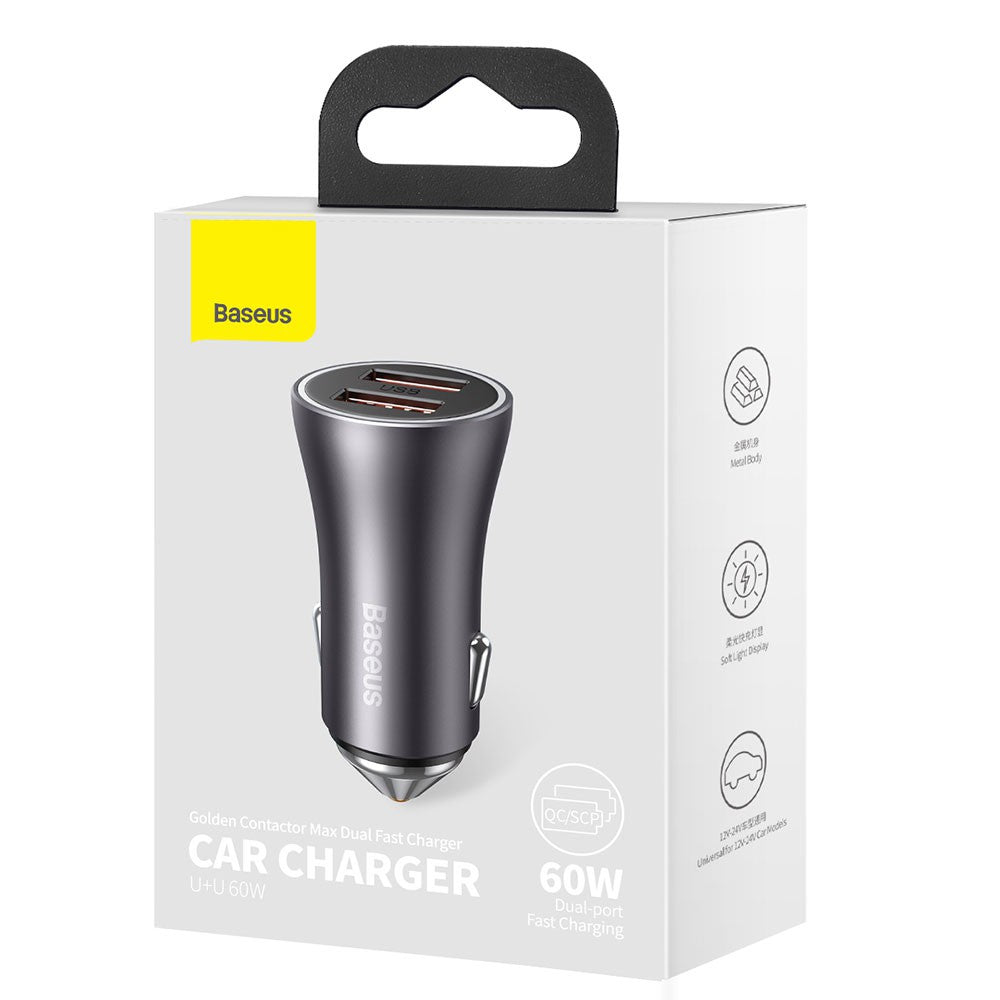 Baseus Golden Contactor Max Dual Fast Charger Car Charger U+U 60W (Dark Gray)