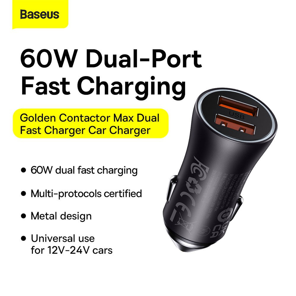 Baseus Golden Contactor Max Dual Fast Charger Car Charger U+U 60W (Dark Gray)