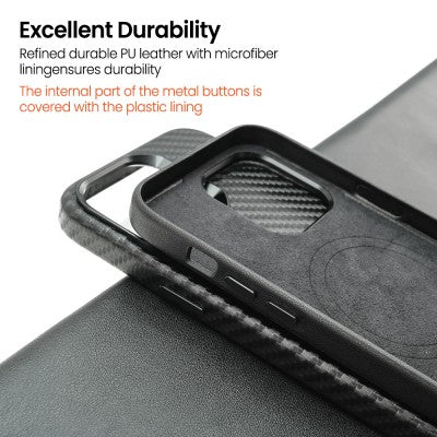 Redefine Metal Camera Lens PU Leather Magnetic Case for iPhone 15 Pro Max Black - New