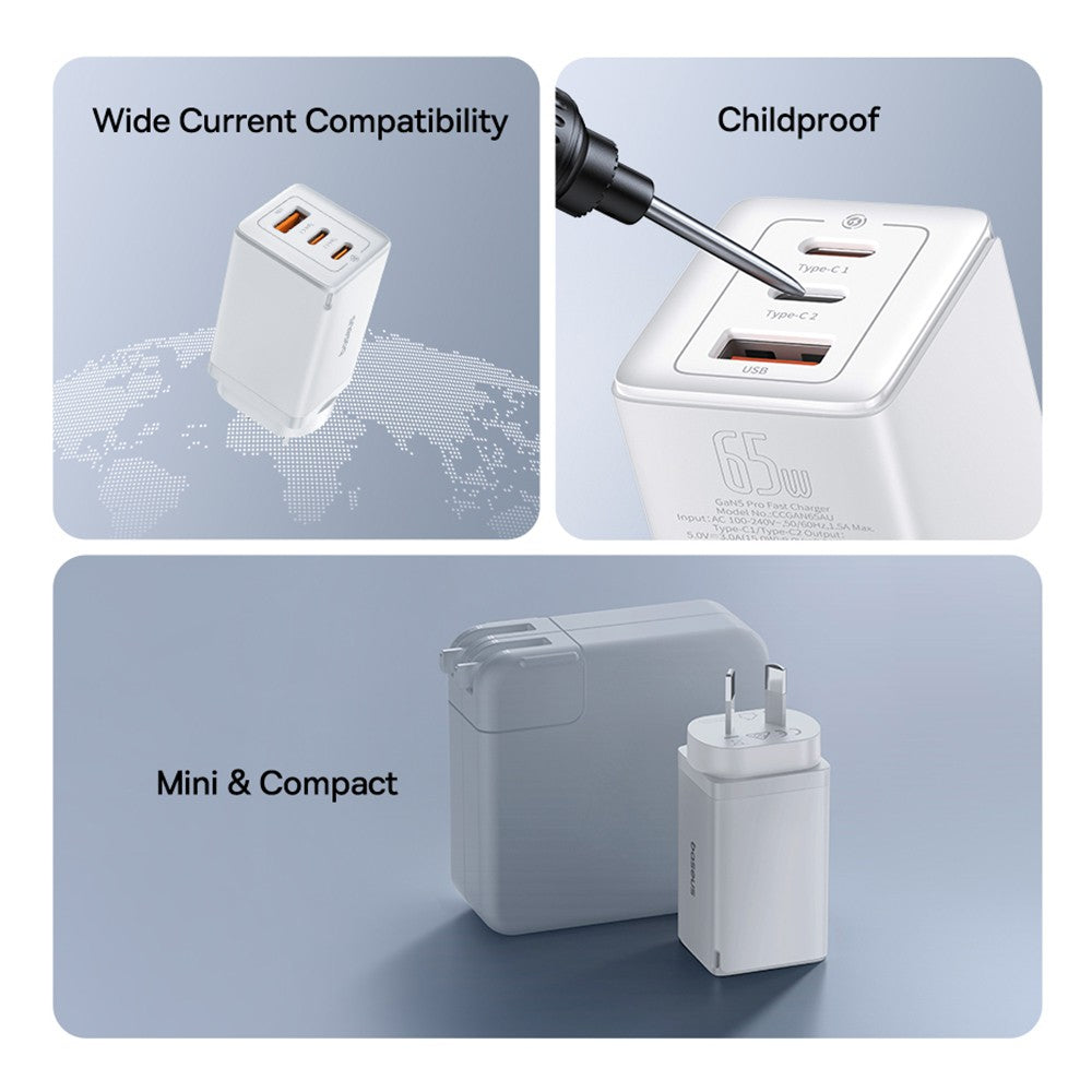 Baseus GaN5 Pro Fast Charger 65W (2xUSB-C, 1xUSB) + Type-C Cable - Moon White