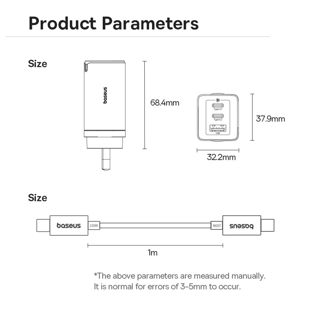 Baseus GaN5 Pro Fast Charger 65W (2xUSB-C, 1xUSB) + Type-C Cable - Moon White