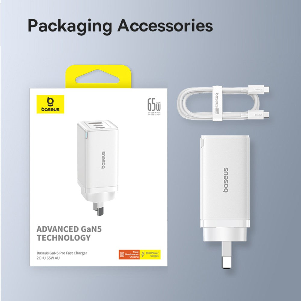 Baseus GaN5 Pro Fast Charger 65W (2xUSB-C, 1xUSB) + Type-C Cable - Moon White