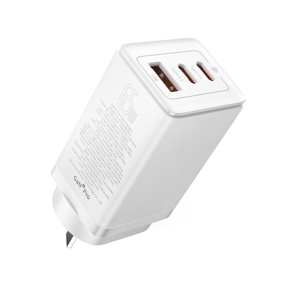 Baseus GaN5 Pro Fast Charger 65W (2xUSB-C, 1xUSB) + Type-C Cable - Moon White