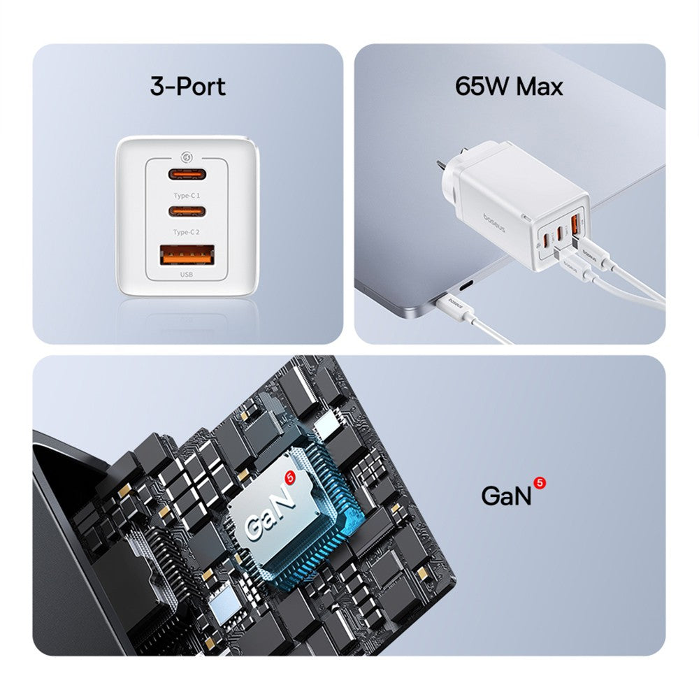 Baseus GaN5 Pro Fast Charger 65W (2xUSB-C, 1xUSB) + Type-C Cable - Moon White