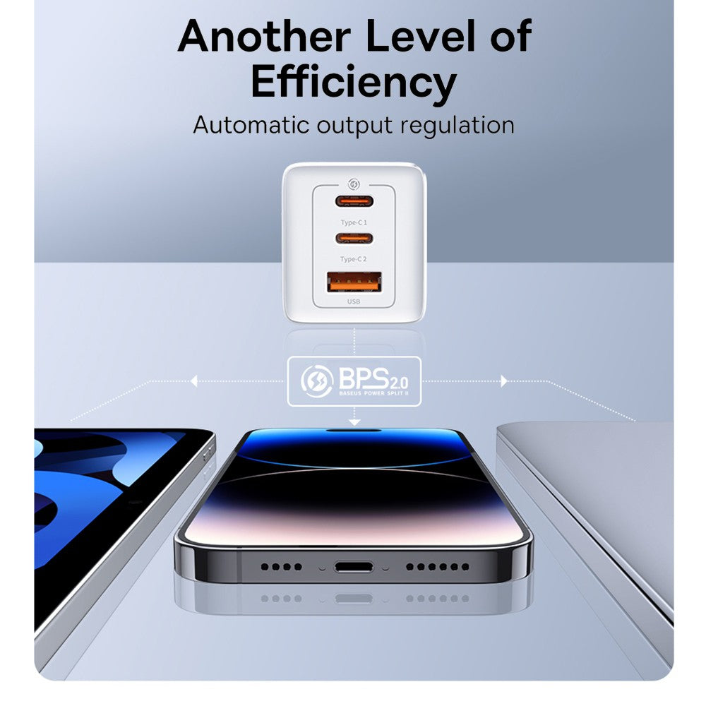 Baseus GaN5 Pro Fast Charger 65W (2xUSB-C, 1xUSB) + Type-C Cable - Moon White