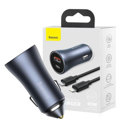 Baseus Golden Contactor Pro Dual Quick Charger Car Charger U+C 40W(Includes Simple Wisdom Data Cable Type-C to iP, 1m) - Dark Gray