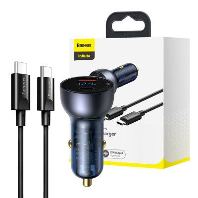 Baseus Particular Digital Display QC+PPS Dual Quick Charger Car Charger 65W(Includes Type-C to Type-C 100W Cable, 1m) - Dark Gray