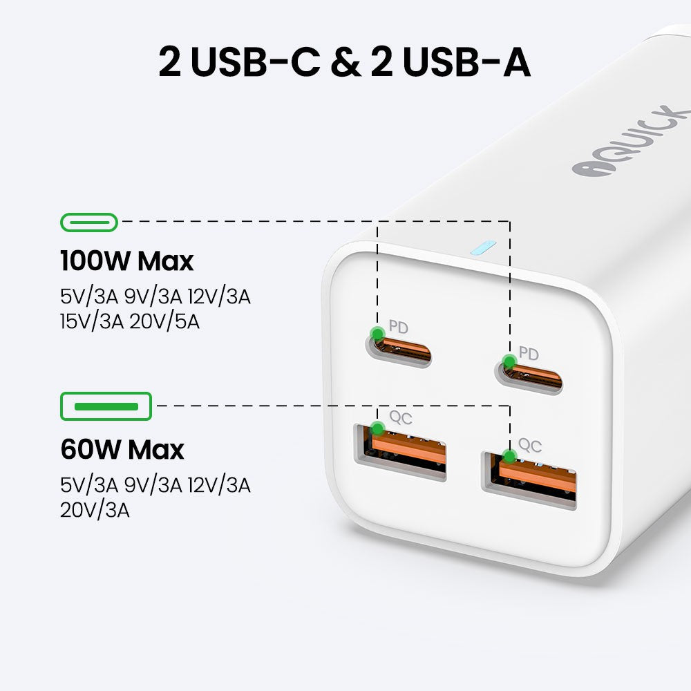 iQuick 100W 2*USB-A 2*USB-C 4-Port Wall Charger Power Strip White