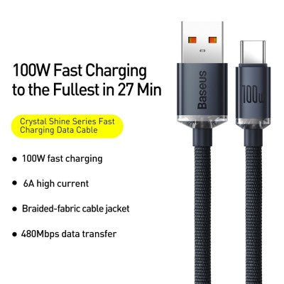 Baseus Crystal Shine Series Fast-Charging USB-A to USB-C Cable – 100 W, 2 m (Black)