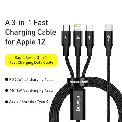 Baseus Rapid Series 3-in-1 Fast Charging Data Cable (1.5m) – New