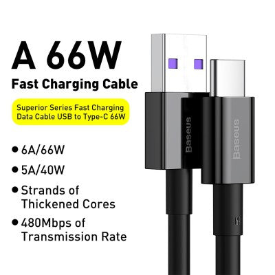Baseus Superior Series Fast-Charging USB-A to USB-C Cable – 66 W, 2 m (Black/White)