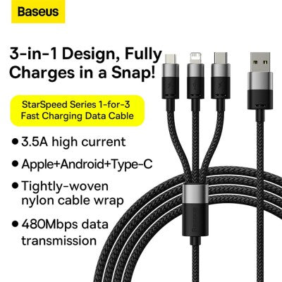 Baseus Starspeed 3-in-1 Fast Charging Data Cable (White, 1.2m) – New
