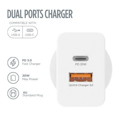 iQuick GaN II 20W PD3.0 + QC3.0 Dual-Port Charging Adapter – White