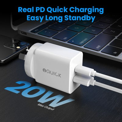 iQuick GaN II 20W PD3.0 + QC3.0 Dual-Port Charging Adapter – White