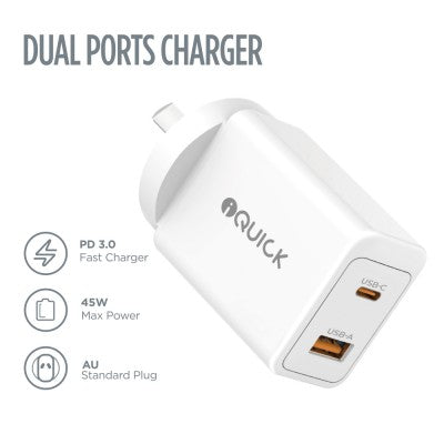 iQuick GaN II 45W PD3.0 + QC3.0 Dual Ports Charging Adapter