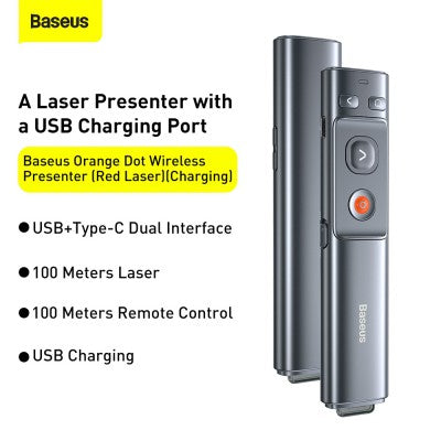Baseus Orange Dot Wireless Presenter – Red Laser (Charging Version, Grey) NEW