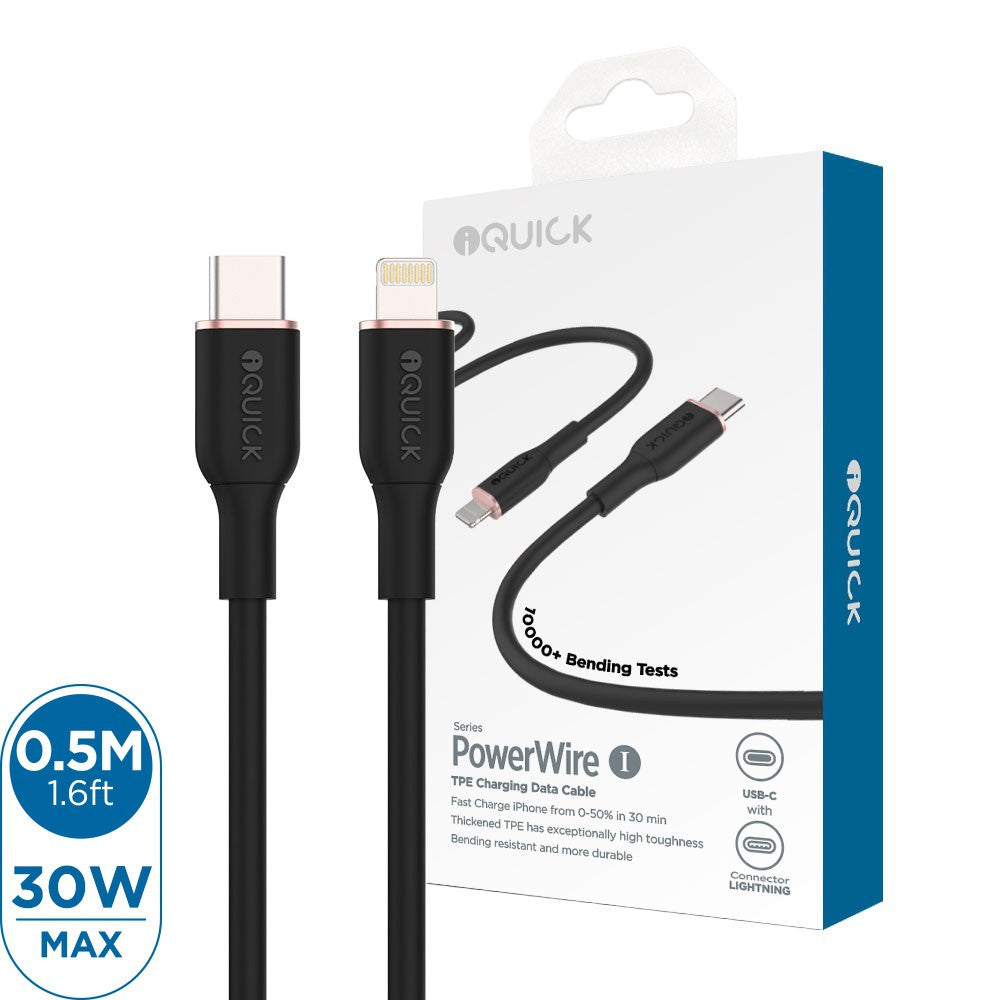 iQuick PowerWire 1 Series TPE Charging Date Cable Type-C to iP 0.5m (Black)