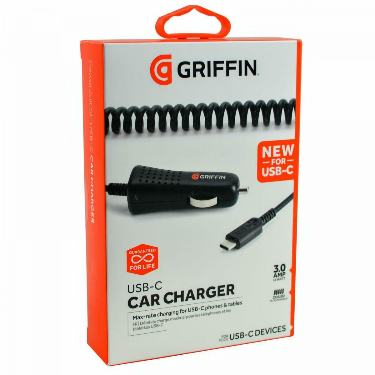 Griffin 3 Amp Rapid Fast Coiled In-Car Type C Charger For Galaxy S20/Note10 S9